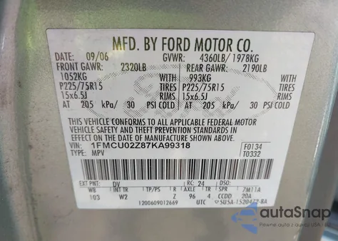 2007 Ford Escape Xls/Xls Manual z USA, uszkodzony, nr VIN 1FMCU02Z87KA99318